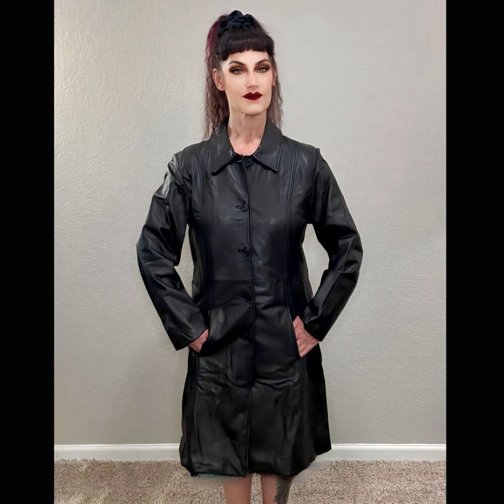 Y2K Black Leather Car Coat Matrix Trinity Goth Punk Metal Formal Jim & MaryLou L